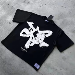 T-shirts pour hommes streetwear sérigraphié personnalisé 100% coton en détresse brodé graphique poids lourd chaud coupe régulière recadrée - Product Image 2
