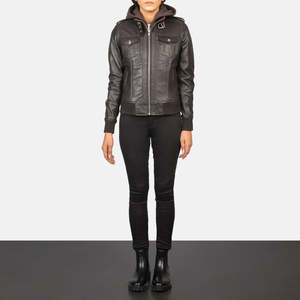 Blouson aviateur en cuir marron automnal à capuche - Product Image 3