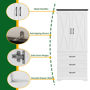 Armoire de chambre à coucher en bois avec lumière à capteur et 3 tiroirs, armoire avec 2 portes et tringle de suspension - Product Image 4