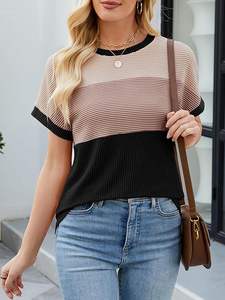T-shirts en jersey anti-boulochage écologiques pour femmes respirant bloc de couleur broderie à rayures à manches courtes hauts à col rond pour le printemps - Product Image 2
