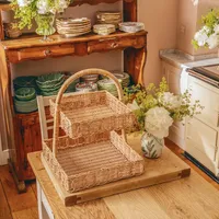 Plateau de présentation multifonctionnel carré en rotin naturel tressé à la main à 2 niveaux avec poignée pour la cuisine et la décoration intérieure, taille personnalisable