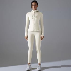 Traje de manga larga de Yoga con capucha y cremallera de Color marrón, ropa interior sin desgaste, pantalones ajustados de cintura alta, traje deportivo para Fitness - Product Image 4