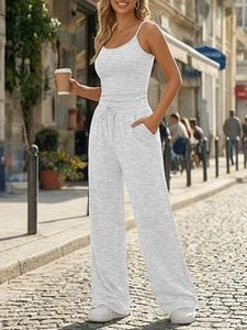 Best Quality Women’s Casual Sleeveless <b>Wide</b> <b>Leg</b> <b>Jumpsuit</b> Ribbed Stretch Long Pants <b>Pockets</b> Summer Yoga Lounge Sportswear - Product Image 6