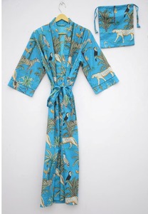 Bata de baño estampada con bloque de mano Floral bohemio para mujer 100% algodón Maxi vestido estilo Kimono libre térmico verano ropa de playa tejida - Product Image 3