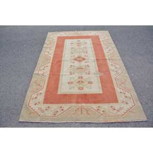 Vintage Turkish <b>Rug</b> Traditional Orange Beige 5.2 X 7.9 ft Classic Large Area <b>Flat</b> Weave Patchwork Pattern Wool Latex for Hallway - Product Image 1