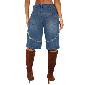 Pantalon large en jean bleu pour femme, taille haute, délavé, effet usé, coupe ample, décontracté, style streetwear, longueur genou, vintage, respirant - Product Image 2