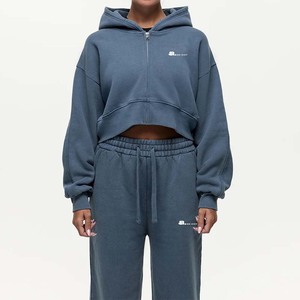 2026 estampado Color sólido 100% algodón transpirable Zip Sweatsuit Set mujeres Stand Front Heavyweight invierno deportivo Sudadera con capucha Jogger - Product Image 1