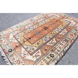 Vintage 6.2x9.7 ft Rug, Large Turkish Rug, <b>Brown</b> Red Ikat <b>Wool</b> Rug - Product Image 1