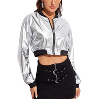 Blouson Bomber court brillant femme discothèque, veste brillante femme décontracté col montant fermeture éclair