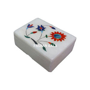 La plus belle boîte à bijoux de forme rectangulaire en marbre blanc incrusté de matériaux haut de gamme faits à la main pour cadeau d'entreprise boîte à usage - Product Image 1