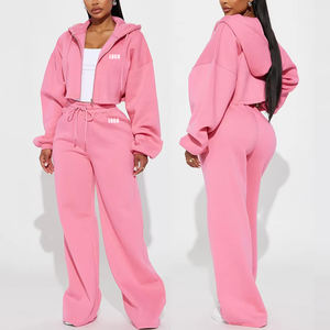 Sudaderas recortadas personalizadas con cremallera y pantalones de chándal rectos apilados de pierna ancha, chándales de dos piezas, conjunto de Sudadera con capucha para mujer, conjunto de 2 piezas - Product Image 1