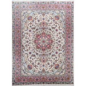 Tapis en laine noués à la main Aalam Ivory pour la maison, le salon, la chambre, le couloir - Avec motif médaillon abstrait Tabriz fait main - Product Image 1