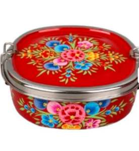 Boîte à lunch en acier inoxydable enduit d'émail peint à la main de conception florale vibrante couvercle en plastique durable et étanche imprimé SS Tiffin - Product Image 3