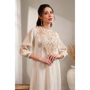 Vestido Maxi Beige Bordado Mehristan Zareen - Elegante Estilo Boutique Hasta el Suelo para el Día o para Salir de Fiesta - Product Image 1