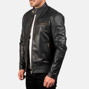 Chaqueta de cuero auténtico de piel de oveja con cremallera Dean, chaqueta de motorista negra con forro de viscosa acolchado y bolsillos interiores exteriores - Product Image 3