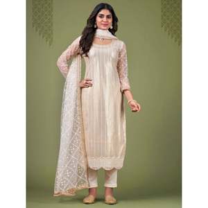 Conjuntos Femeninos Atractivos para Mujer, Traje Salwar de Red Bordada con Lentejuelas en Color Crema y Blanco - Product Image 5