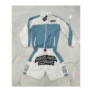 ชุดเซ็ตเสื้อแจ็คเก็ตและกางเกงขาสั้นกันลมแบบสองชิ้นสั่งทำขายส่ง ผลิตจากไนลอน 100% น้ำหนักเบา กันลม มีฮู้ด ปิดด้วยเชือกผูก - Product Image 1