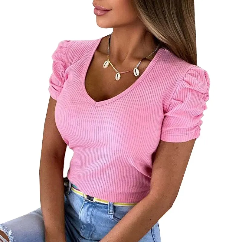 Bulk Blanco Vrouwen Katoenen Kleding Dames Zachte Rib Doek T-Shirts Tops V-Hals Vrouw Dames Crop Tops T-Shirt Voor Vrouwen