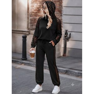 Conjunto de Dos Piezas para Mujer, Blusa de Manga Larga con Capucha y Detalle de Encaje, Viscosa de Dos Hilos, y Pantalones, 37353 - Negro - Product Image 1