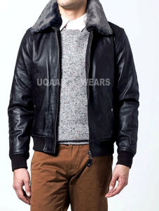 Chaqueta de cuero estilo bombardero A2 para hombre, cuello de piel de oveja extraíble, chaqueta informal de moda de motorista de cuero genuino Real - Product Image 3