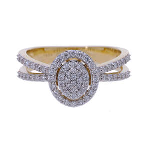 แหวนเพชรก้านแยกที่สง่างามและสีเหลืองทอง14K พร้อมรัศมีคู่รูปวงรีศูนย์กลางและการออกแบบที่เป็นประกาย - Product Image 2