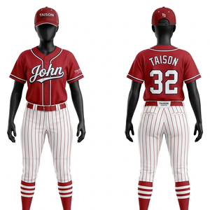 Premium 260 GSM Polyester <b>Baseball</b> Uniform Red White Pinstripe Sublimated Embroidered Custom Logo Set - Product Image 1
