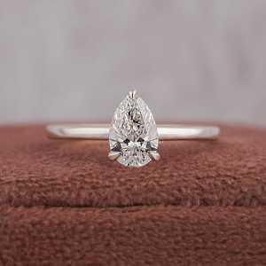 Anillo de compromiso de diamante solitario, corte de pera, Diamante de laboratorio, boda, Diamante cultivado, anillo de oro blanco sólido nupcial - Product Image 2