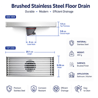 Drain de sol moderne en acier inoxydable de 8 pouces, épaisseur 1,4 mm, linéaire, anti-corrosion, installation facile, salle de bain, cuisine