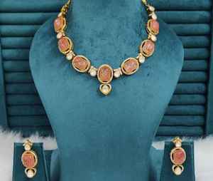 ชุดสร้อยคอทองเหลืองลายโพลกีและหินโมนาลิซ่าสำหรับผู้หญิง เหมาะสำหรับงานแต่งงาน งานปาร์ตี้ สร้อยคอหรูหราพร้อมต่างหูสวยงาม - Product Image 1