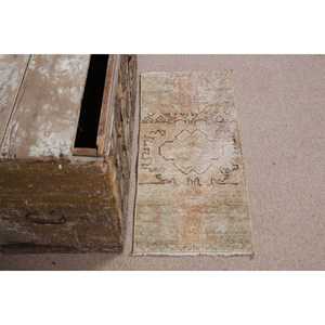 1.2x2.6 ft Rug, Turkish Vintage Rug, <b>Brown</b> Beige Check <b>Wool</b> Rug - Product Image 3