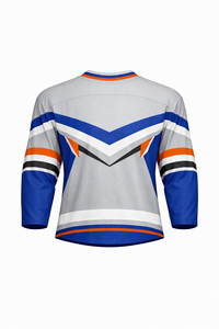 เสื้อฮอกกี้น้ำแข็งสีเทา-น้ำเงิน-ส้มสำหรับผู้ชาย แขนสามส่วน คอวี ระบายเหงื่อได้ดี ผลิตด้วยเทคนิคการระเหิดสี - Product Image 2