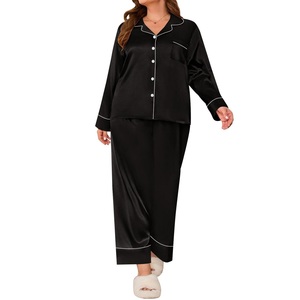 Conjunto de ropa de dormir personalizada de poliéster/algodón de talla grande, transpirable, suave, holgado, de manga larga, con botones, de Color sólido para mujer - Product Image 3