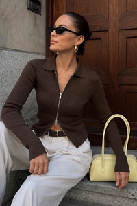 <b>Womens</b> Solid Rib Knit <b>Zip</b> <b>up</b> Blouse Stand Collar Long Sleeve Skinny Fit Cropped Shirt Casual Daily Wear Plain Dyed - Product Image 2