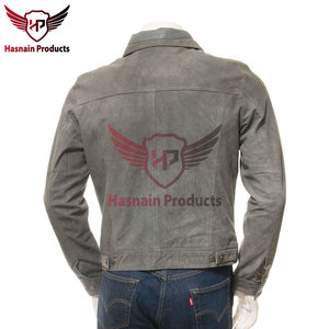 เสื้อแจ็คเก็ตหนังกลับสีเทาแท้สำหรับผู้ชาย ทรงเข้ารูป สไตล์ Trucker Biker วินเทจ หนังวัวแท้แบบดิสเทรส เสื้อโค้ทคลาสสิกสั่งทำพิเศษ เสื้อคลุมกันหนาวแบรนด์ดัง - Product Image 4