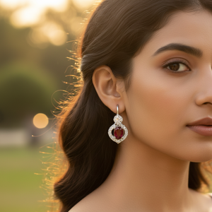 Boucles d'oreilles pendantes vintage en argent plaqué or et platine avec rubis, perles et diamants pour femmes, idéales pour les mariages et les fêtes - Product Image 3