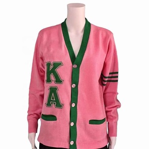กรีก เอ | เสื้อแจ็คเก็ตคาร์ดิแกนถักไหมพรมสีชมพูและสีเขียว แขนยาว สไตล์วินเทจ สำหรับผู้หญิง ของชมรม KA Sorority - Product Image 1