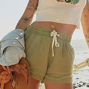 Shorts d'été tendance 2026 pour femme, taille haute, décontractés, en coton, amples, avec cordon de serrage, taille élastique, shorts de plage avec poches pour femme - Product Image 5