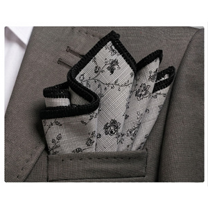 Handmade Black Gray Floral Knitted <b>Edge</b> Signature Border Handkerchief Dining Pocket <b>Square</b> for Blazers Suit - Product Image 1