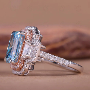 6ct Lab Grown Diamond Fancy Blue Radiant Trapezoid Three Stone Double Halo VS Clarity <b>Rhodium</b> Plated Luxury Wedding <b>Ring</b> 14K - Product Image 4