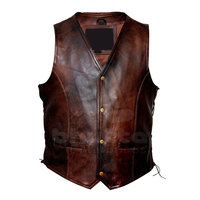 Gilet rétro en cuir véritable marron vieilli pour homme, style motard en cuir de vachette, avec lacets latéraux, sans manches, style western