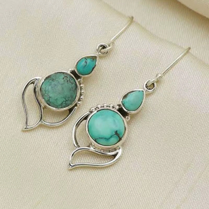 Boucles d'oreilles pendantes en pierre précieuse turquoise, forme poire de 5 à 7 mm, serties en argent sterling, style vintage, certifiées IGI, pour fiançailles, mariage, fête - Product Image 1
