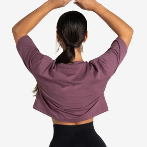 Top corto de mujer de ciruela más vendido, hombros caídos, manga corta, suave, elástico, ajuste elegante para verano, Yoga informal ecológico - Product Image 3