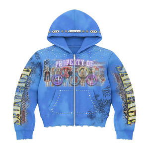 Sweat à capuche court en molleton ample personnalisé 100% coton, fermeture éclair, délavage acide, décoloration au soleil, strass, effet délavé, pour l'hiver - Product Image 4