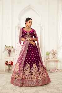 Púrpura oscuro Premium hecho a mano de lujo nupcial Dupatta pesado bordado terciopelo Lehenga para fiestas Bollywood indio pakistaní - Product Image 5