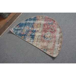 Alfombra Redonda Vintage de 2,5x1,5 pies (75x45 cm), Alfombra Turca con Borde Azul - Product Image 2