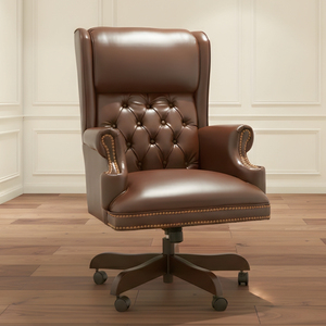 Chaise de bureau de direction en cuir marron HERITAGE, bois de teck massif, dossier haut, pivotante, réglable, pour la maison et l'hôtel - Product Image 1