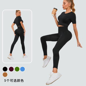 Mallas deportivas de cintura alta para mujer, venta al por mayor, mallas deportivas para gimnasio, característica de realce, patrón sólido, logotipo frontal, cierre con cordón - Product Image 1