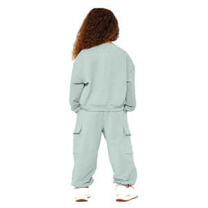 Ensemble de survêtement en coton bleu clair pour filles, manches longues, col rond, coupe ample décontractée avec poches latérales, tenue de printemps - Product Image 2