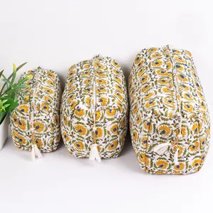 Eco Friendly indiano blocco floreale stampato in cotone Set di 3 pezzi fatto a mano bianco donna sacchetto di lavaggio all'ingrosso