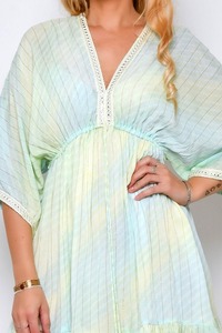 เดรสสั้นดีไซเนอร์สำหรับผู้หญิงชุดเดรสสั้นเอวสูงผ้าเรยอนลูเร็กซ์แขนสั้นพร้อมลูกไม้ชุดเดรสคอวีสำหรับงานปาร์ตี้และรีสอร์ตลำลอง - Product Image 4